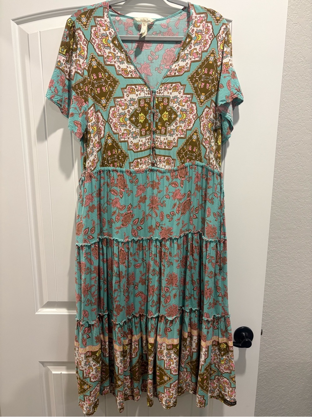 Matilda Jane Down to Earth Dress M Teal Floral Boho Tiered Midi Maxi